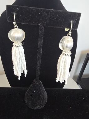 Silver and White Beaded Tassel Drop Earrings
